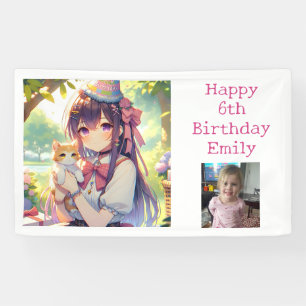 かわいいアニメの少女が子猫の誕生日を祝う 横断幕