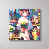 . .かわいいアニメの少女が植物を持つ キャンバスプリント (正面)