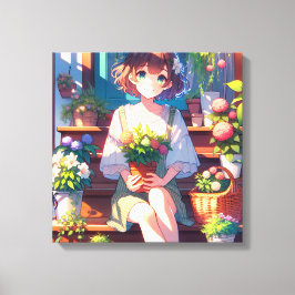 . .かわいいアニメの少女が植物を持つ キャンバスプリント