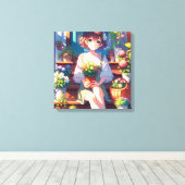 . .かわいいアニメの少女が植物を持つ キャンバスプリント (インサイチュ (ウッドフロア))