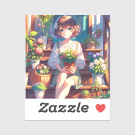 . .かわいいアニメの少女が植物を持つ シール