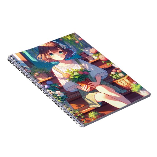 . .かわいいアニメの少女が植物を持つ ノートブック (右側)