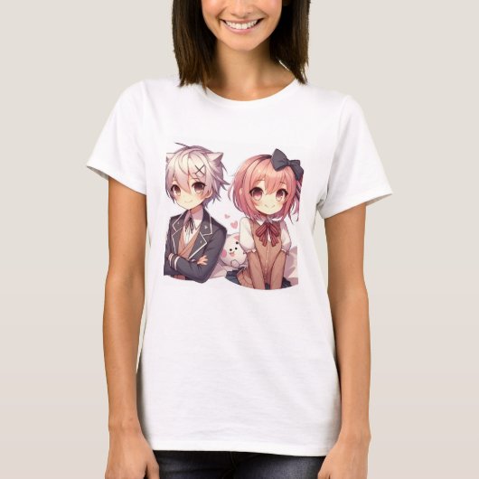 かわいいアニメの少女と少年 Tシャツ (正面)