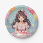 かわいいアニメの少女の誕生日パーティー ペーパープレート (正面)