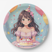 かわいいアニメの少女の誕生日パーティー ペーパープレート (正面)