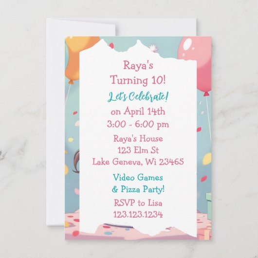 かわいいアニメの少女の誕生日パーティー 招待状 (裏面)