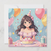 かわいいアニメの少女の誕生日パーティー 招待状 (正面)