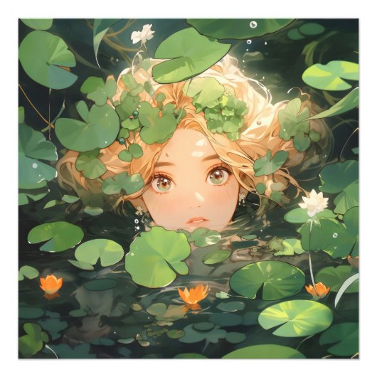かわいいアニメの少女in池 フォトプリント            (正面)