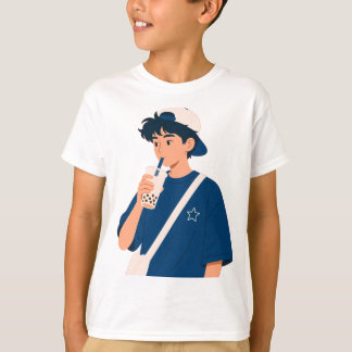 かわいいアニメの少年がタピオカティーを飲む Tシャツ
