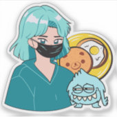 かわいいアニメの朝食 - マスクの女の子とクマトースト シール (正面)