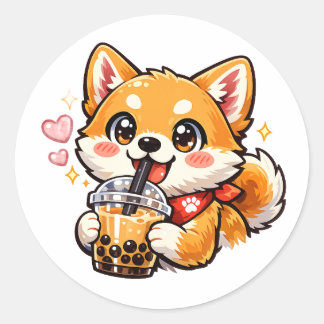 かわいいアニメの柴犬のタピオカティーステッカー ラウンドシール