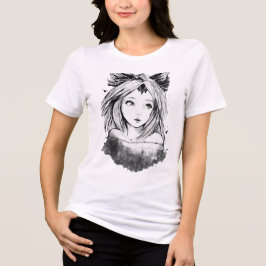 かわいいアニメの狐娘の幻想的な線画スケッチ トライブレンドTシャツ