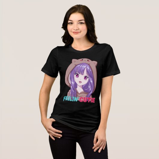 かわいいアニメの紫髪の女子高生 トライブレンドＴシャツ (正面全面)