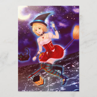 かわいいアニメの魔女の少女と空飛ぶペットの猫 招待状