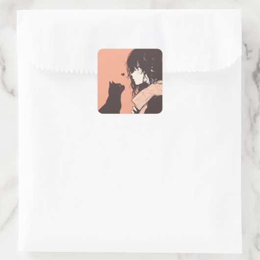 かわいいアニメの黒猫ガール スクエアシール (バッグ)