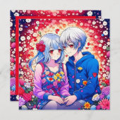 かわいいアニメカップルと花とハート パーソナライズされた (正面/裏面)