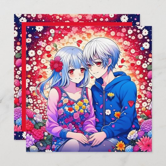 かわいいアニメカップルと花とハート パーソナライズされた (正面/裏面)