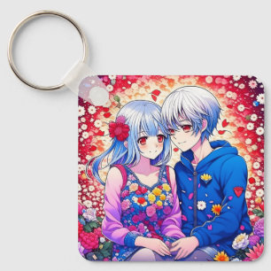 かわいいアニメカップルと花とハート パーソナライズされた キーホルダー