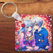 かわいいアニメカップルと花とハート パーソナライズされた キーホルダー (正面)
