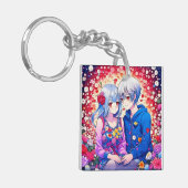 かわいいアニメカップルと花とハート パーソナライズされた キーホルダー (正面左)