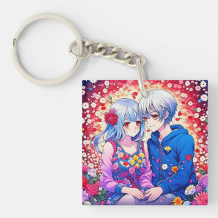 かわいいアニメカップルと花とハート パーソナライズされた キーホルダー