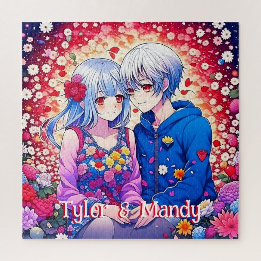 かわいいアニメカップルと花とハート パーソナライズされた ジグソーパズル (縦)