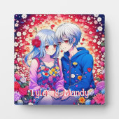 かわいいアニメカップルと花とハート パーソナライズされた フォトプラーク (正面)