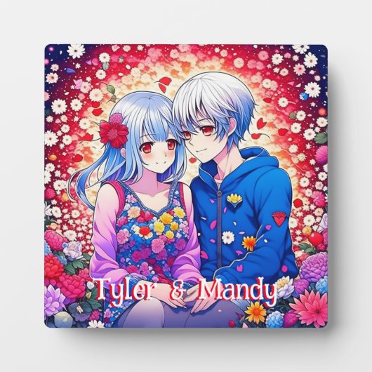 かわいいアニメカップルと花とハート パーソナライズされた フォトプラーク (正面)