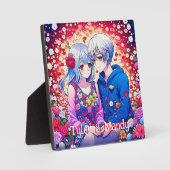 かわいいアニメカップルと花とハート パーソナライズされた フォトプラーク (正面)