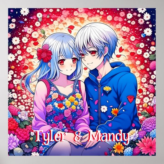 かわいいアニメカップルと花とハート パーソナライズされた ポスター (正面)