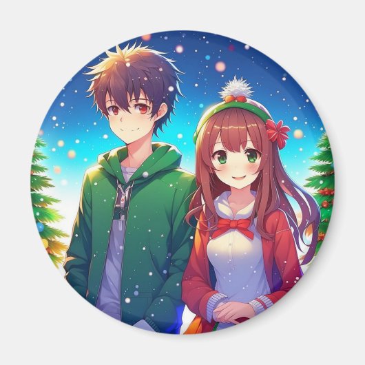かわいいアニメカップルのクリスマス マグネット (正面)