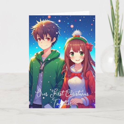 かわいいアニメカップル |初めてのクリスマス カード (正面)