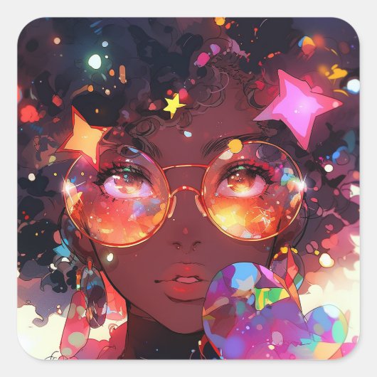 かわいいアニメガールアフリカンアメリカン・アート スクエアシール (正面)