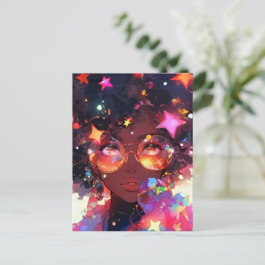 かわいいアニメガールアフリカンアメリカン・アート ポストカード (スタンド正面)
