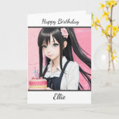 かわいいアニメガールパーソナライズされたハッピーバースデー カード (黄色い花)