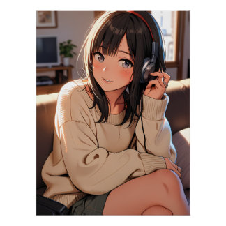 かわいいアニメガールヘッドホン音楽美学アート ポスター