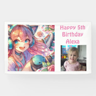 かわいいアニメガールローラースケートで滑る誕生日パーティー 横断幕