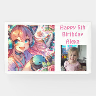 かわいいアニメガールローラースケートで滑る誕生日パーティー 横断幕