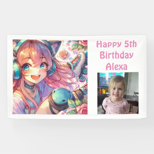 かわいいアニメガールローラースケートで滑る誕生日パーティー 横断幕 (横)