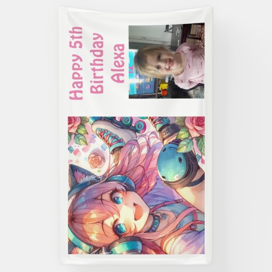 かわいいアニメガールローラースケートで滑る誕生日パーティー 横断幕 (縦)