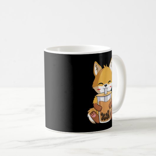 かわいいアニメキツネ飲むボバブルティー恋人 コーヒーマグカップ (正面右)