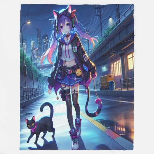 かわいいアニメゲーマーガール&キャット |大 フリースブランケット (正面)