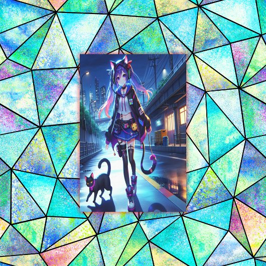 かわいいアニメゲーマーガール&キャット |特大 キャンバスプリント