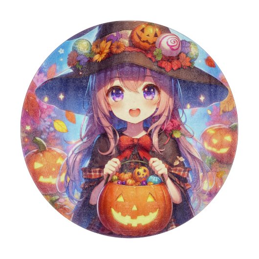 かわいいアニメハロウィーンの魔女 カッティングボード (正面)