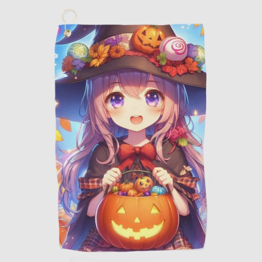 かわいいアニメハロウィーンの魔女 ゴルフタオル (正面)