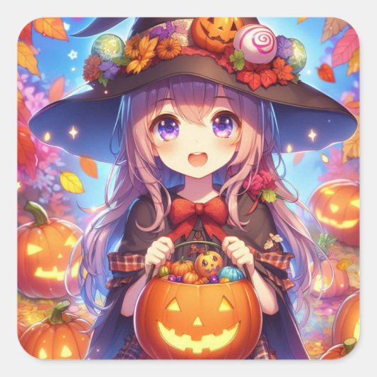 かわいいアニメハロウィーンの魔女 スクエアシール (正面)