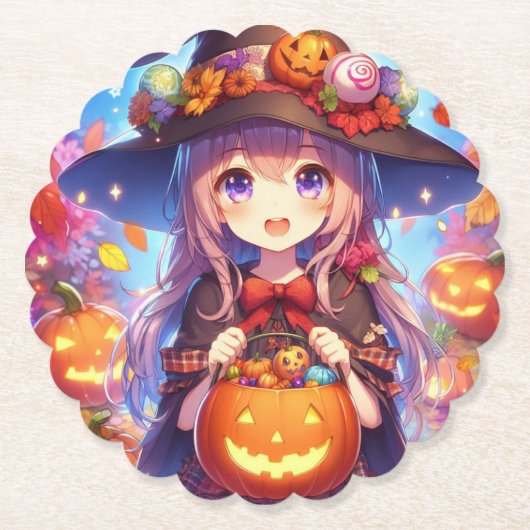 かわいいアニメハロウィーンの魔女 ペーパーコースター (正面)