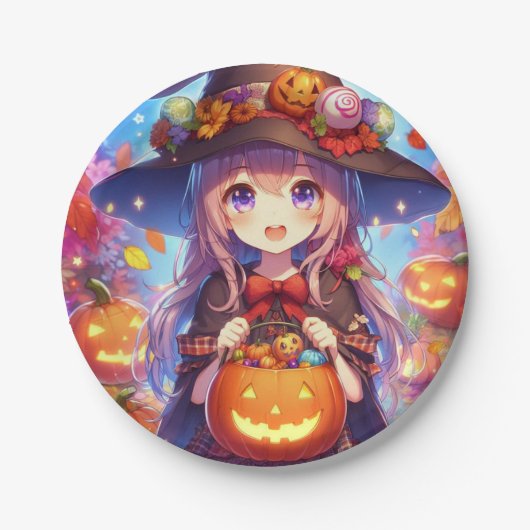 かわいいアニメハロウィーンの魔女 ペーパープレート (正面)