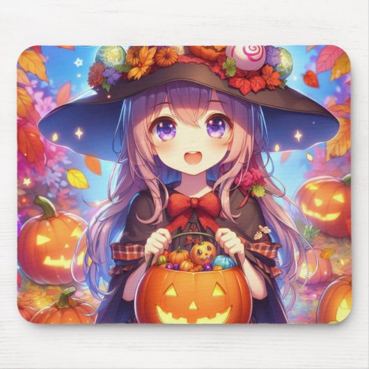 かわいいアニメハロウィーンの魔女 マウスパッド (正面)