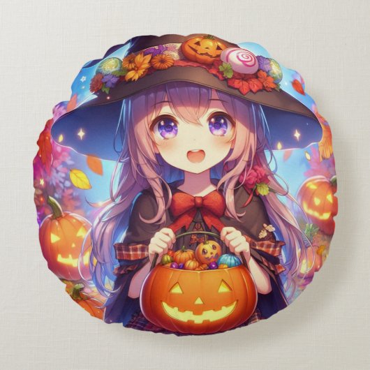 かわいいアニメハロウィーンの魔女 ラウンドクッション (正面)